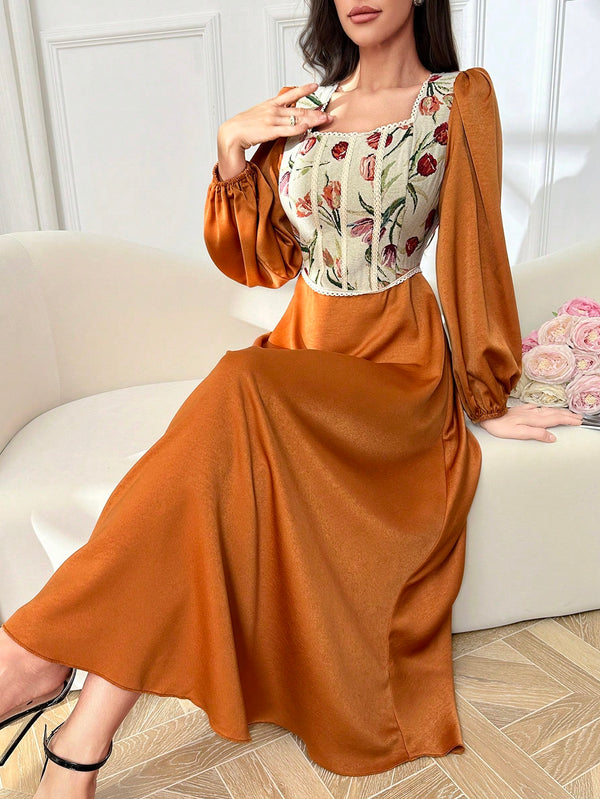 Elegant Dress With Flower Patterns, Square Neck, And Lantern Sleeves (Yellow)