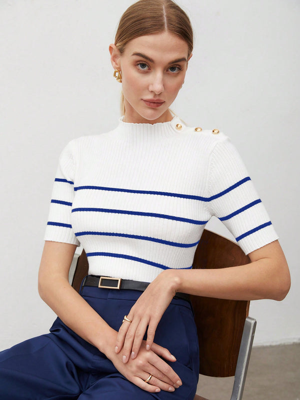 BIZwear Casual Women Stand Collar Striped Knit Short Sleeve Top (Blue)