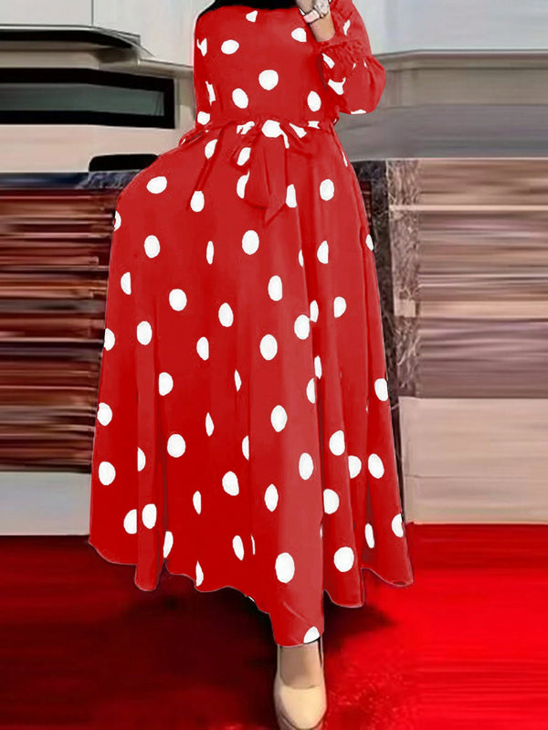 Clasi Fashionable Polka Dot Printed Long Dress With Cinched Waist (Red)