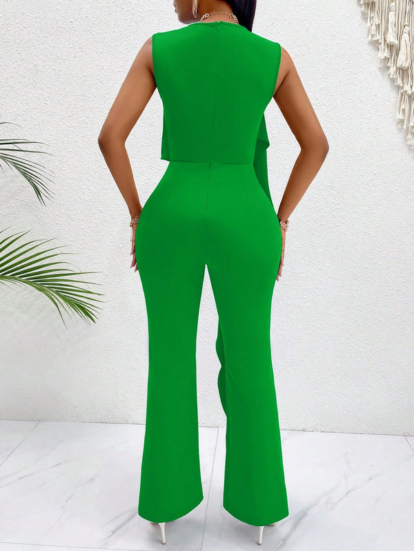 2 In 1 Jumpsuit With Irregular Ruffled Edges, Sleeveless Vest and Straight Leg - SmartBuyApparel - Women Jumpsuits