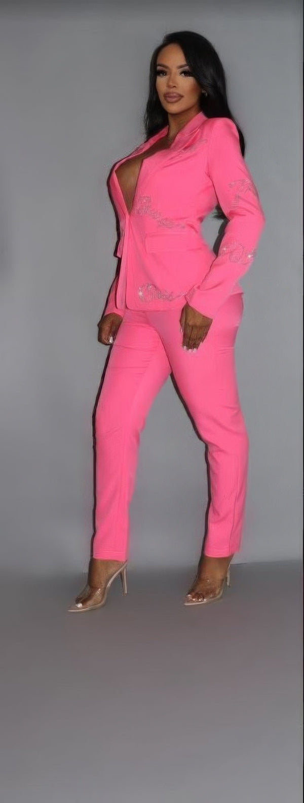 2 Piece Powersuit Blazer & Pants Set With Rhinestone Letterings On Blazer - Set - SmartBuyApparel