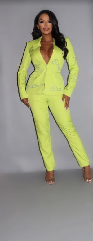 2 Piece Powersuit Blazer & Pants Set With Rhinestone Letterings On Blazer - Set - SmartBuyApparel