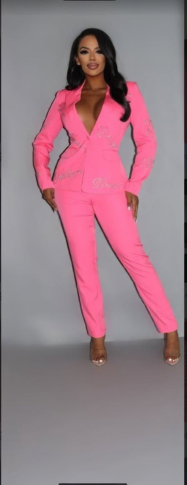 2 Piece Powersuit Blazer & Pants Set With Rhinestone Letterings On Blazer - Set - SmartBuyApparel