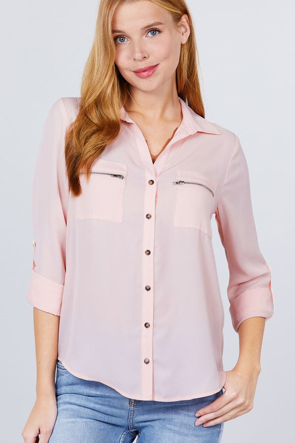 3/4 Roll Up Sleeve Pocket W/Zipper Detail Woven Blouse - Women's Blouse - SmartBuyApparel