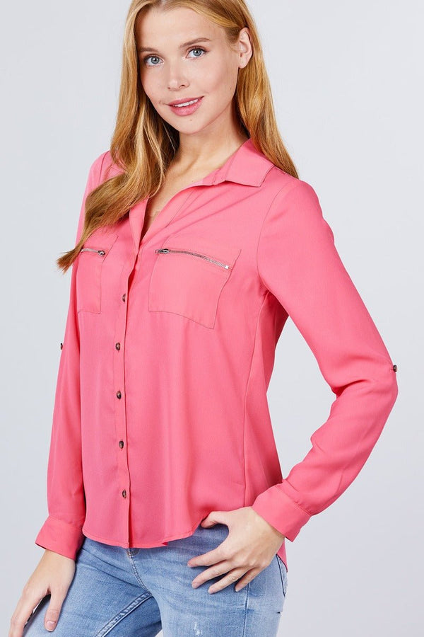 3/4 Roll Up Sleeve Pocket W/Zipper Detail Woven Blouse - Women's Blouse - SmartBuyApparel