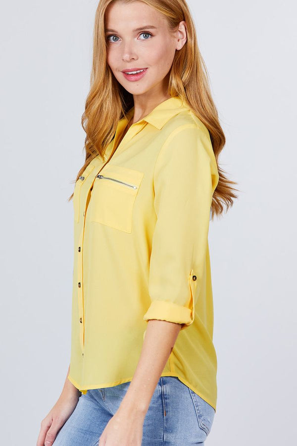 3/4 Roll Up Sleeve Pocket W/Zipper Detail Woven Blouse - Women's Blouse - SmartBuyApparel