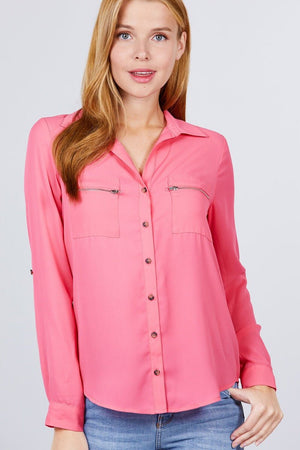 3/4 Roll Up Sleeve Pocket W/Zipper Detail Woven Blouse - Women's Blouse - SmartBuyApparel