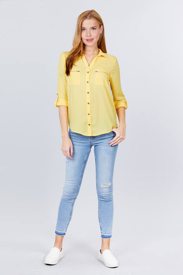 3/4 Roll Up Sleeve Pocket W/Zipper Detail Woven Blouse - Women's Blouse - SmartBuyApparel