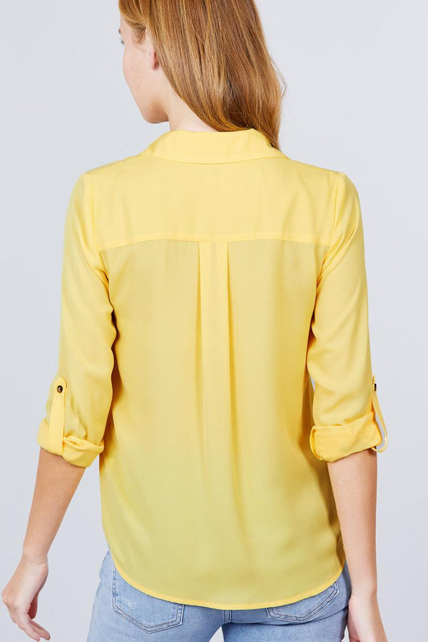 3/4 Roll Up Sleeve Pocket W/Zipper Detail Woven Blouse - Women's Blouse - SmartBuyApparel