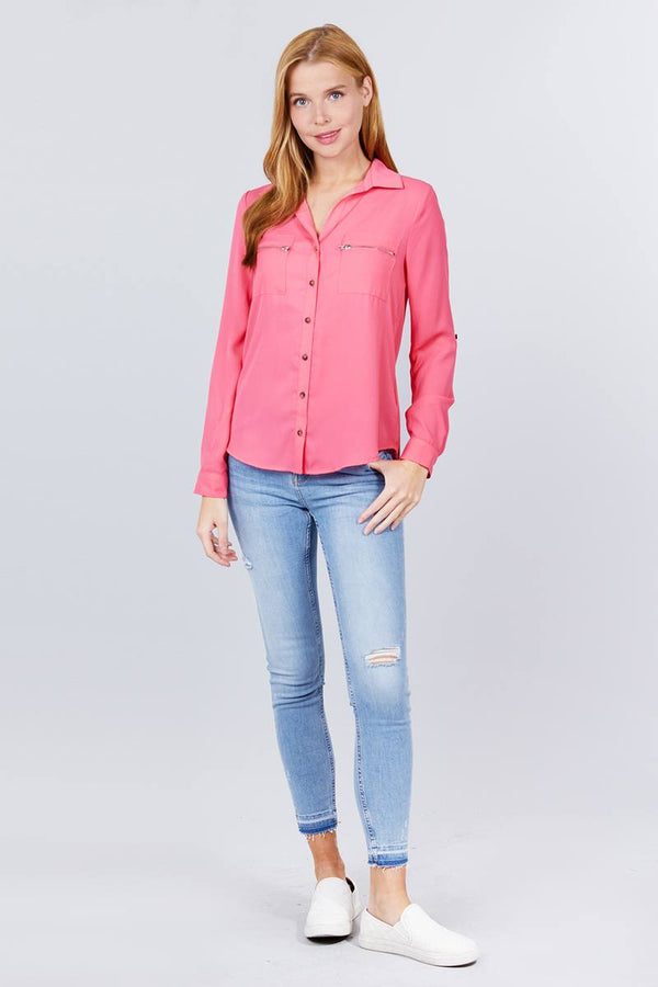 3/4 Roll Up Sleeve Pocket W/Zipper Detail Woven Blouse - Women's Blouse - SmartBuyApparel