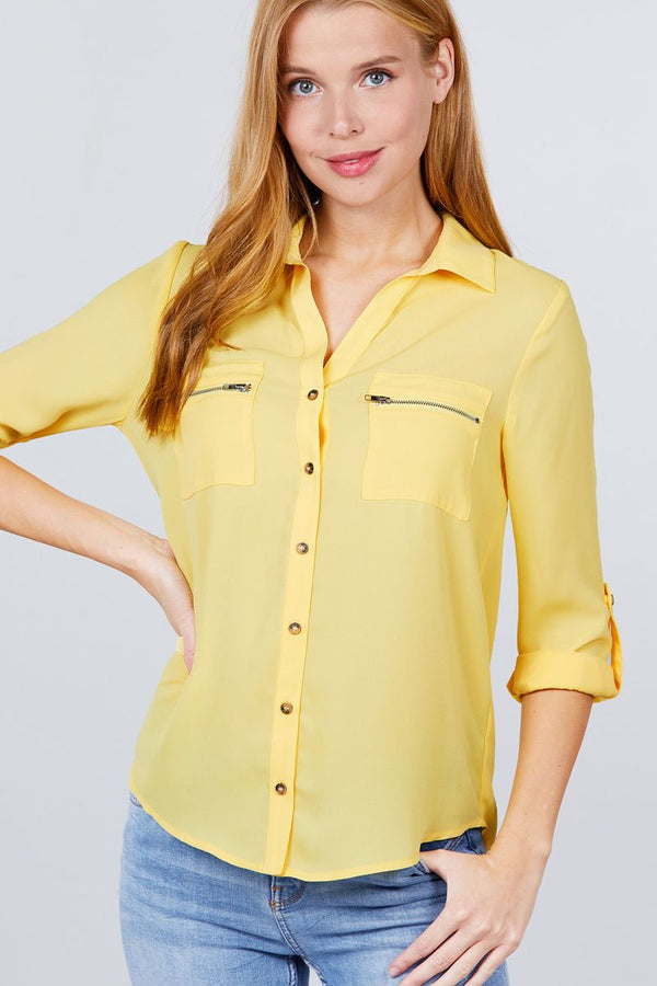 3/4 Roll Up Sleeve Pocket W/Zipper Detail Woven Blouse - Women's Blouse - SmartBuyApparel