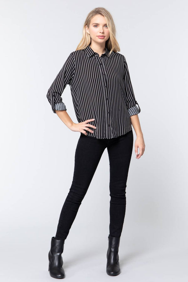 3/4 Roll Up Sleeve Stripe Print Shirt - Women's shirt - SmartBuyApparel