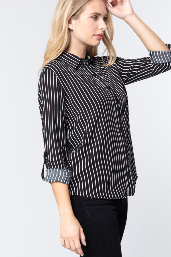 3/4 Roll Up Sleeve Stripe Print Shirt - Women's shirt - SmartBuyApparel