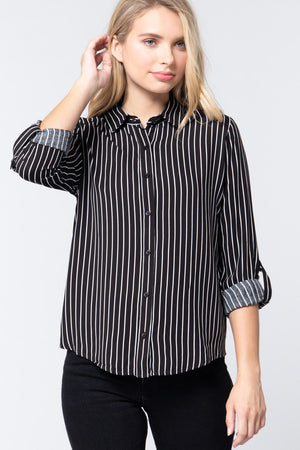 3/4 Roll Up Sleeve Stripe Print Shirt - Women's shirt - SmartBuyApparel