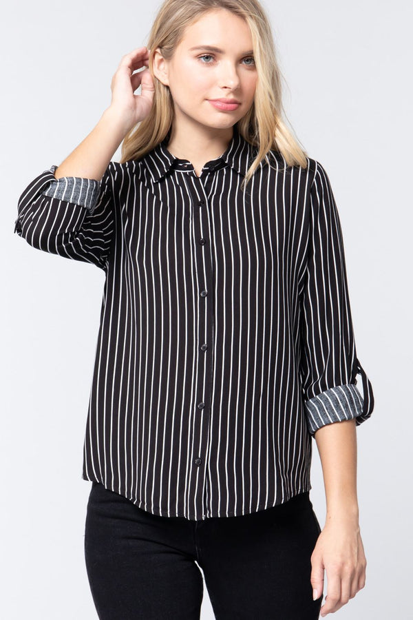 3/4 Roll Up Sleeve Stripe Print Shirt - Women's shirt - SmartBuyApparel