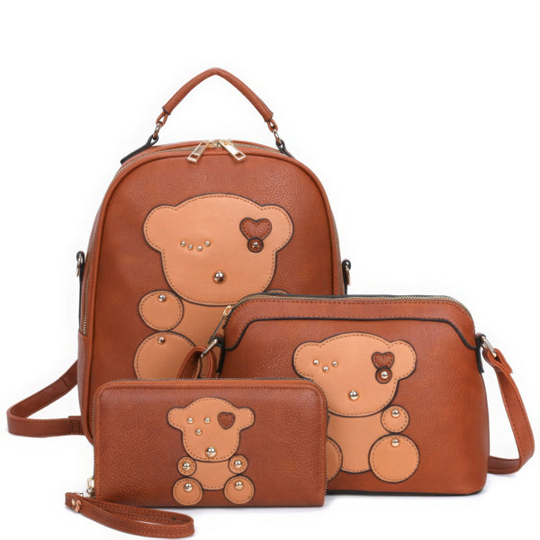3in1 Cute Bear Design Handle Backpack W Crossbody And Wallet Set - | SmartBuyApparel