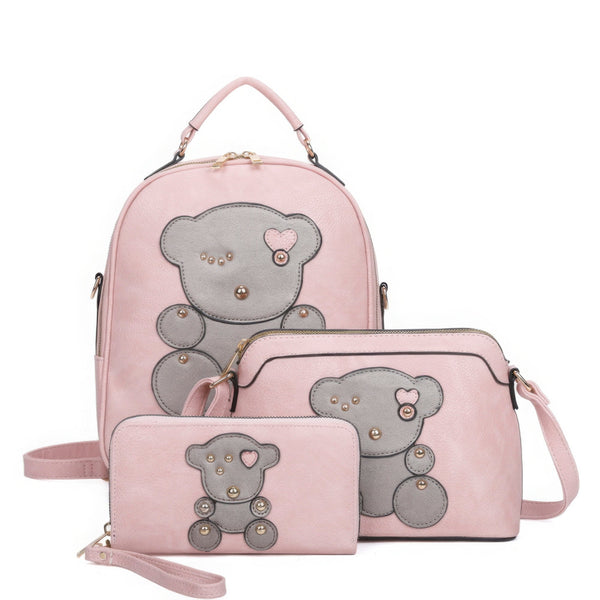 3in1 Cute Bear Design Handle Backpack W Crossbody And Wallet Set - | SmartBuyApparel