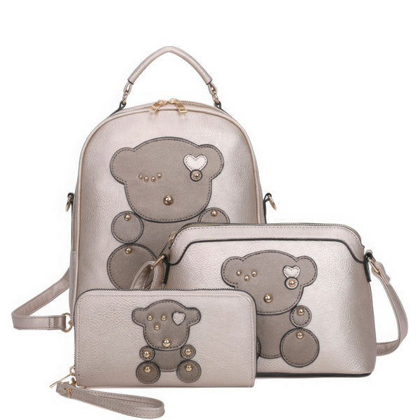 3in1 Cute Bear Design Handle Backpack W Crossbody And Wallet Set - | SmartBuyApparel