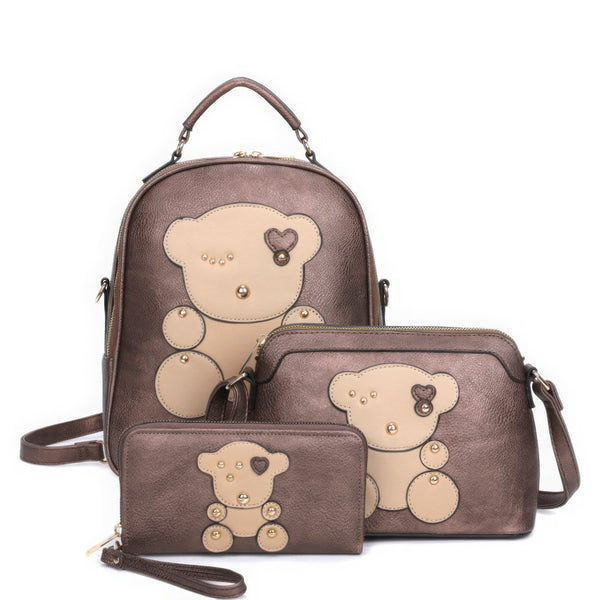 3in1 Cute Bear Design Handle Backpack W Crossbody And Wallet Set - | SmartBuyApparel