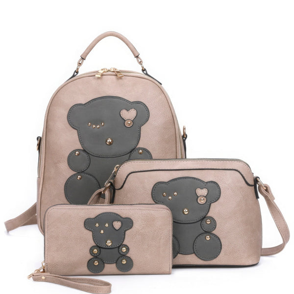 3in1 Cute Bear Design Handle Backpack W Crossbody And Wallet Set - | SmartBuyApparel