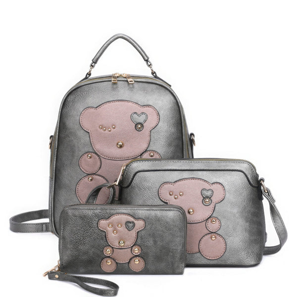 3in1 Cute Bear Design Handle Backpack W Crossbody And Wallet Set - | SmartBuyApparel