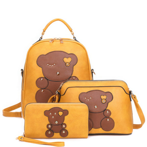 3in1 Cute Bear Design Handle Backpack W Crossbody And Wallet Set - | SmartBuyApparel