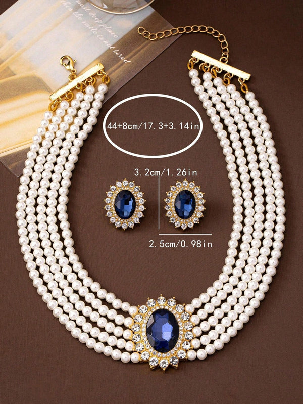 3pcs Rhinestone Sapphire Faux Pearl Beaded Necklace, Choker And Earrings Set - SmartBuyApparel - Women Jewelry Sets