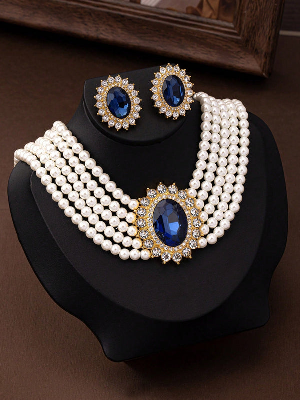 3pcs Rhinestone Sapphire Faux Pearl Beaded Necklace, Choker And Earrings Set - SmartBuyApparel - Women Jewelry Sets