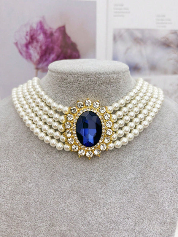 3pcs Rhinestone Sapphire Faux Pearl Beaded Necklace, Choker And Earrings Set - SmartBuyApparel - Women Jewelry Sets