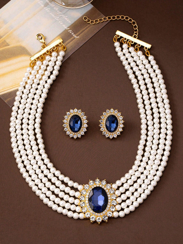 3pcs Rhinestone Sapphire Faux Pearl Beaded Necklace, Choker And Earrings Set - SmartBuyApparel - Women Jewelry Sets