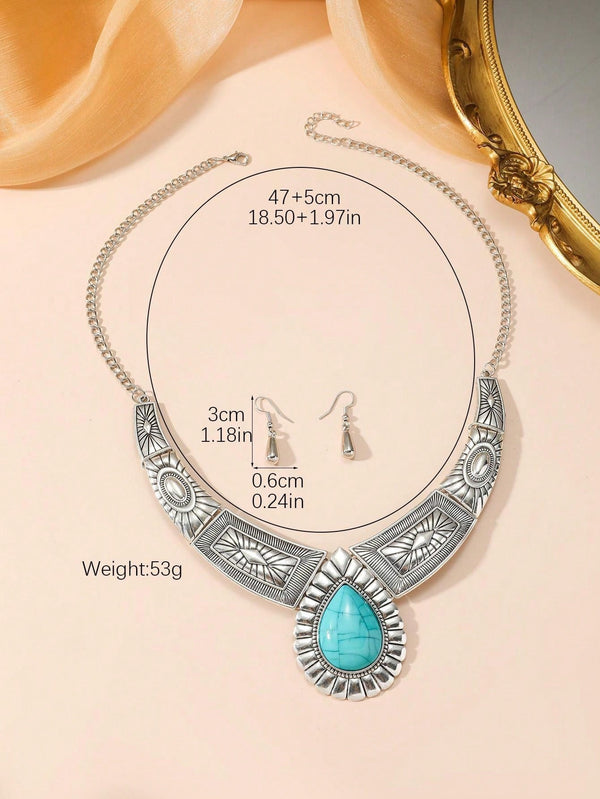 3pcs/Set Metal Chain Fan Shape Pendant With Resin & Turquoise Drop Stone Inlay - SmartBuyApparel - Women Jewelry Sets