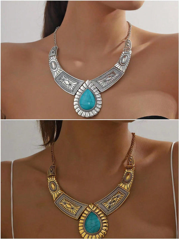 3pcs/Set Metal Chain Fan Shape Pendant With Resin & Turquoise Drop Stone Inlay - SmartBuyApparel - Women Jewelry Sets