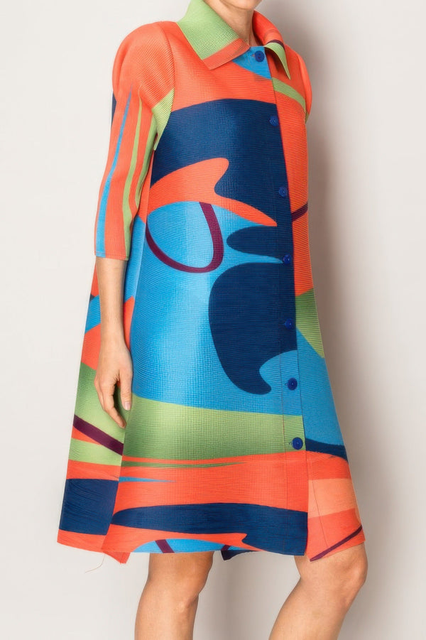 Abstract Print Pleated Lapel Shirtdress - | SmartBuyApparel