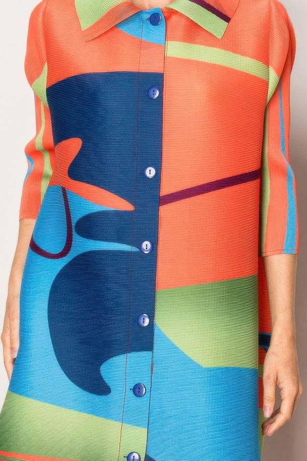 Abstract Print Pleated Lapel Shirtdress - | SmartBuyApparel