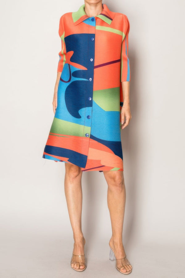 Abstract Print Pleated Lapel Shirtdress - | SmartBuyApparel