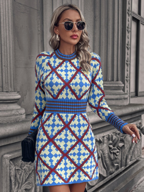 Argyle Pattern Mock Neck Sweater Dress - SmartBuyApparel - Women Sweater Dresses