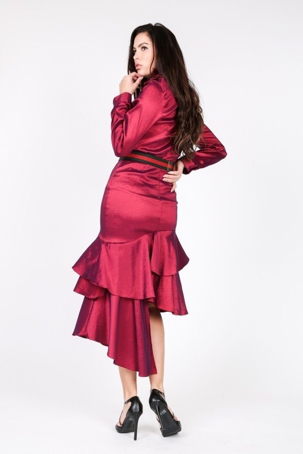 Asymmetrical Ruffle Bottom Satin Skirt - Dress - SmartBuyApparel