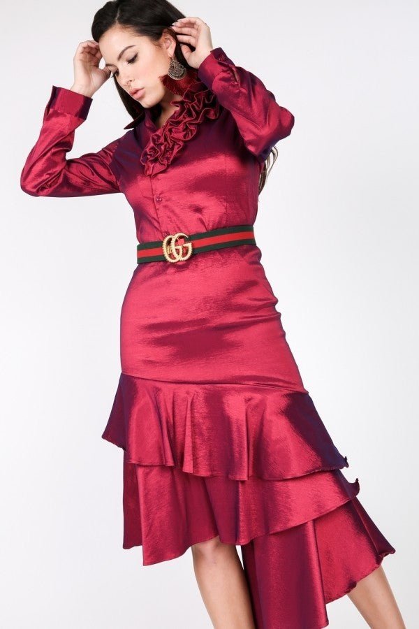 Asymmetrical Ruffle Bottom Satin Skirt - Dress - SmartBuyApparel