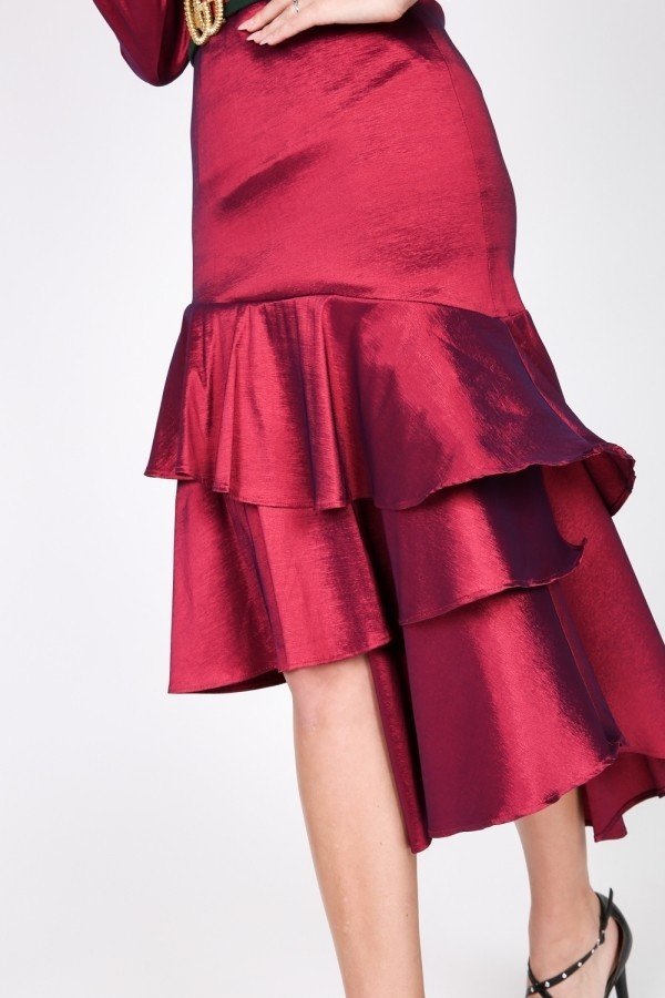 Asymmetrical Ruffle Bottom Satin Skirt - Dress - SmartBuyApparel