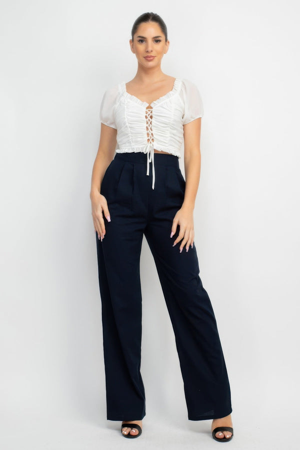 Back Shirred Ruffled Lace - up Crop Top - Women's top - SmartBuyApparel