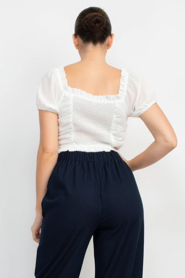 Back Shirred Ruffled Lace - up Crop Top - Women's top - SmartBuyApparel