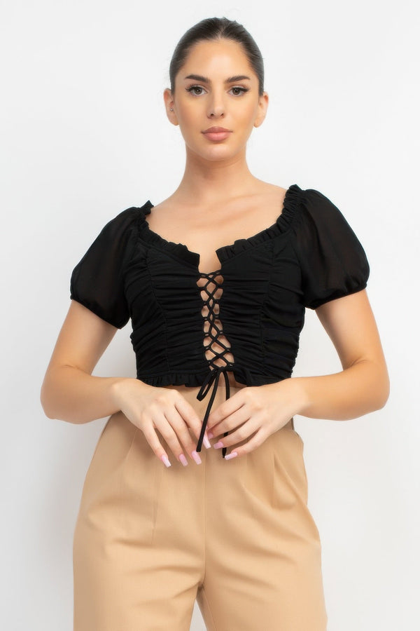 Back Shirred Ruffled Lace - up Crop Top - Women's top - SmartBuyApparel