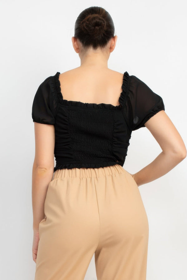 Back Shirred Ruffled Lace - up Crop Top - Women's top - SmartBuyApparel