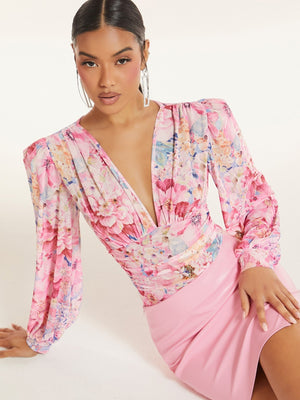 BAE Floral Print Plunging Neck Lantern Sleeve Bodysuit - SmartBuyApparel - Women Bodysuits