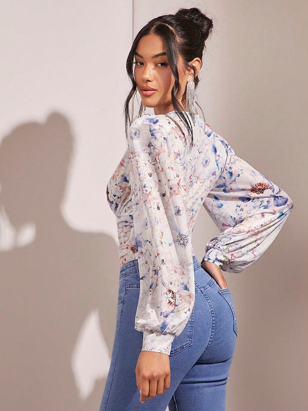 BAE Floral Print Plunging Neck Lantern Sleeve Bodysuit - SmartBuyApparel - Women Bodysuits