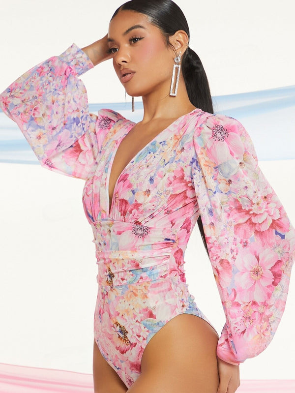 BAE Floral Print Plunging Neck Lantern Sleeve Bodysuit - SmartBuyApparel - Women Bodysuits