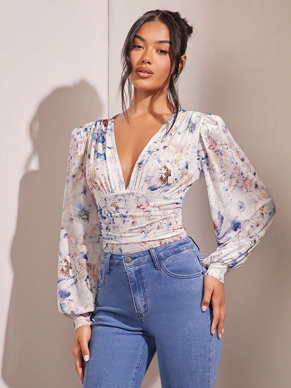 BAE Floral Print Plunging Neck Lantern Sleeve Bodysuit - SmartBuyApparel - Women Bodysuits