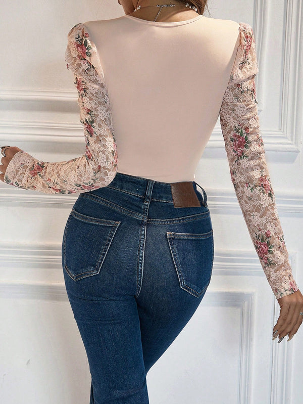 BAE Floral Printed Lace Long Sleeve Bodysuit - SmartBuyApparel - Women Bodysuits