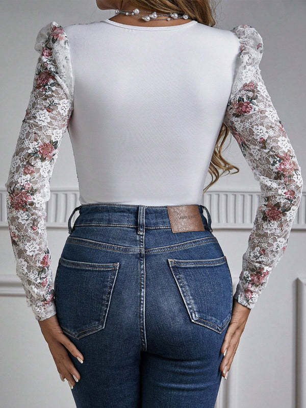 BAE Floral Printed Lace Long Sleeve Bodysuit - SmartBuyApparel - Women Bodysuits