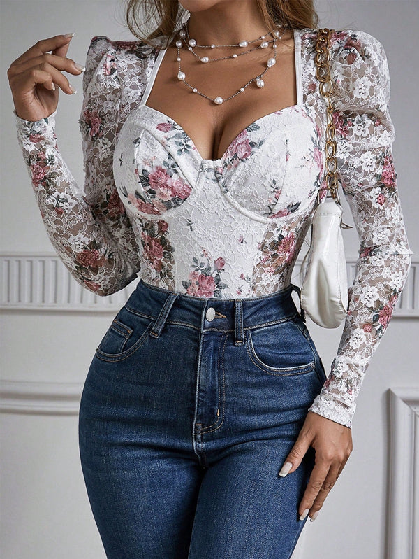 BAE Floral Printed Lace Long Sleeve Bodysuit - SmartBuyApparel - Women Bodysuits